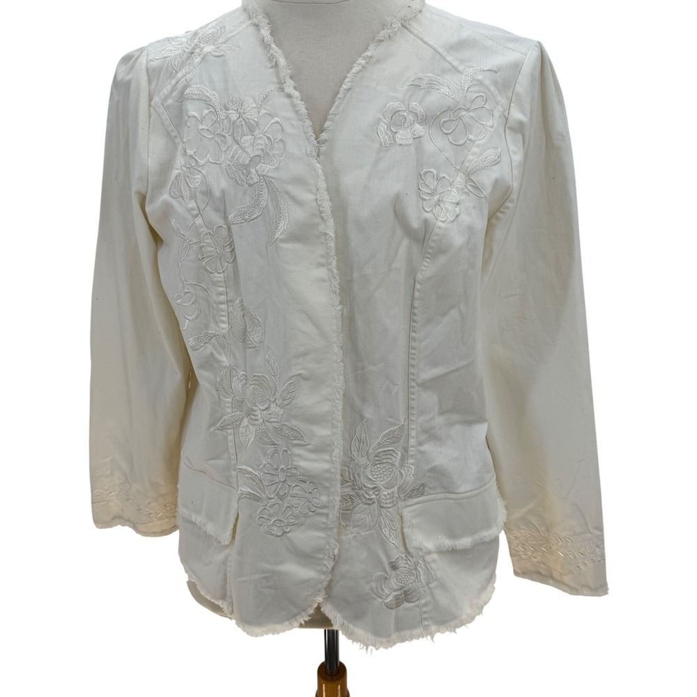 CJ Banks Women's White Embroidered Fringed Collarless Denim Jacket 1X